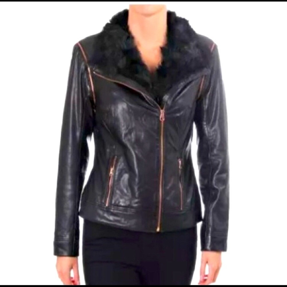 Ted Baker soft genuine leather shearling wool collar Moto Jacket Vest zip sleeve